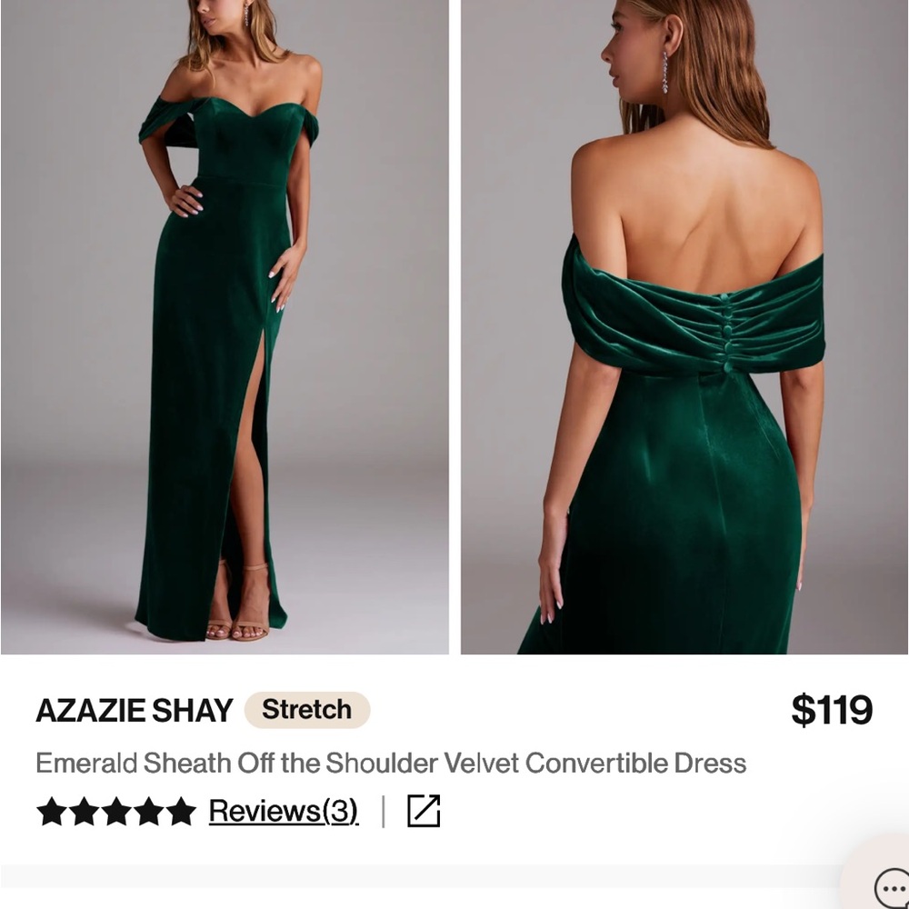 Azazie Emerald Velvet Off-Shoulder Gown